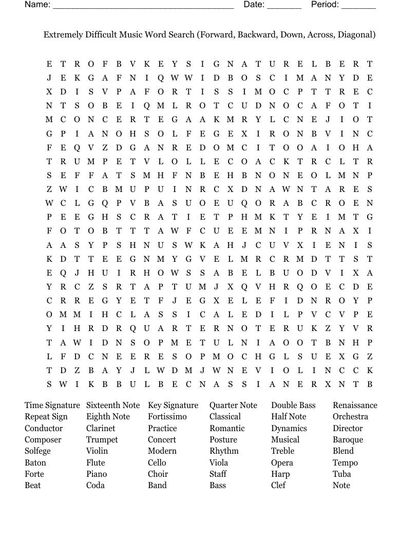 Extremely Difficult Music Word Search Forward Backward Down 