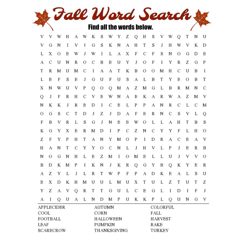 Fall Word Search Printable Easy