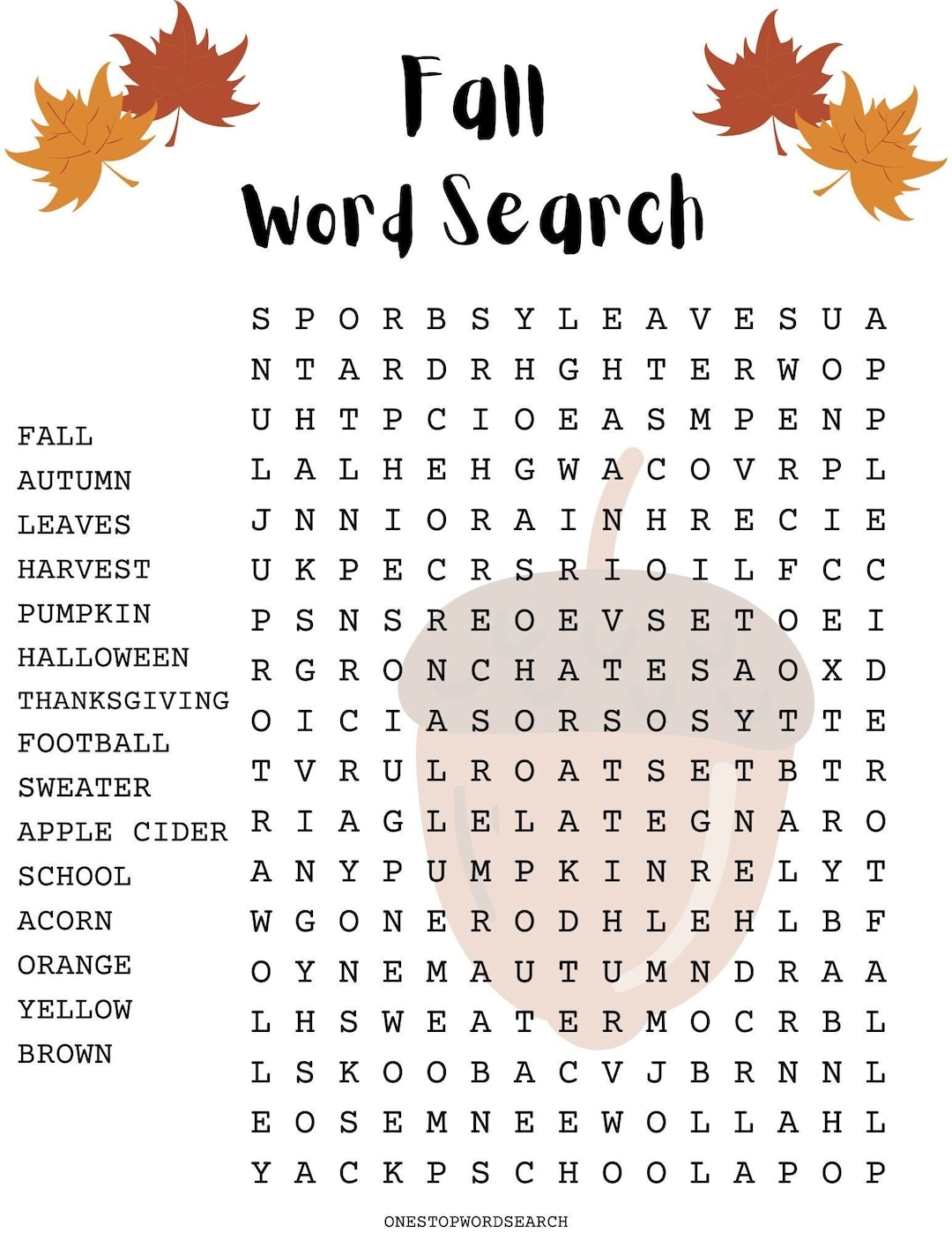 Easy Fall Word Search Printable