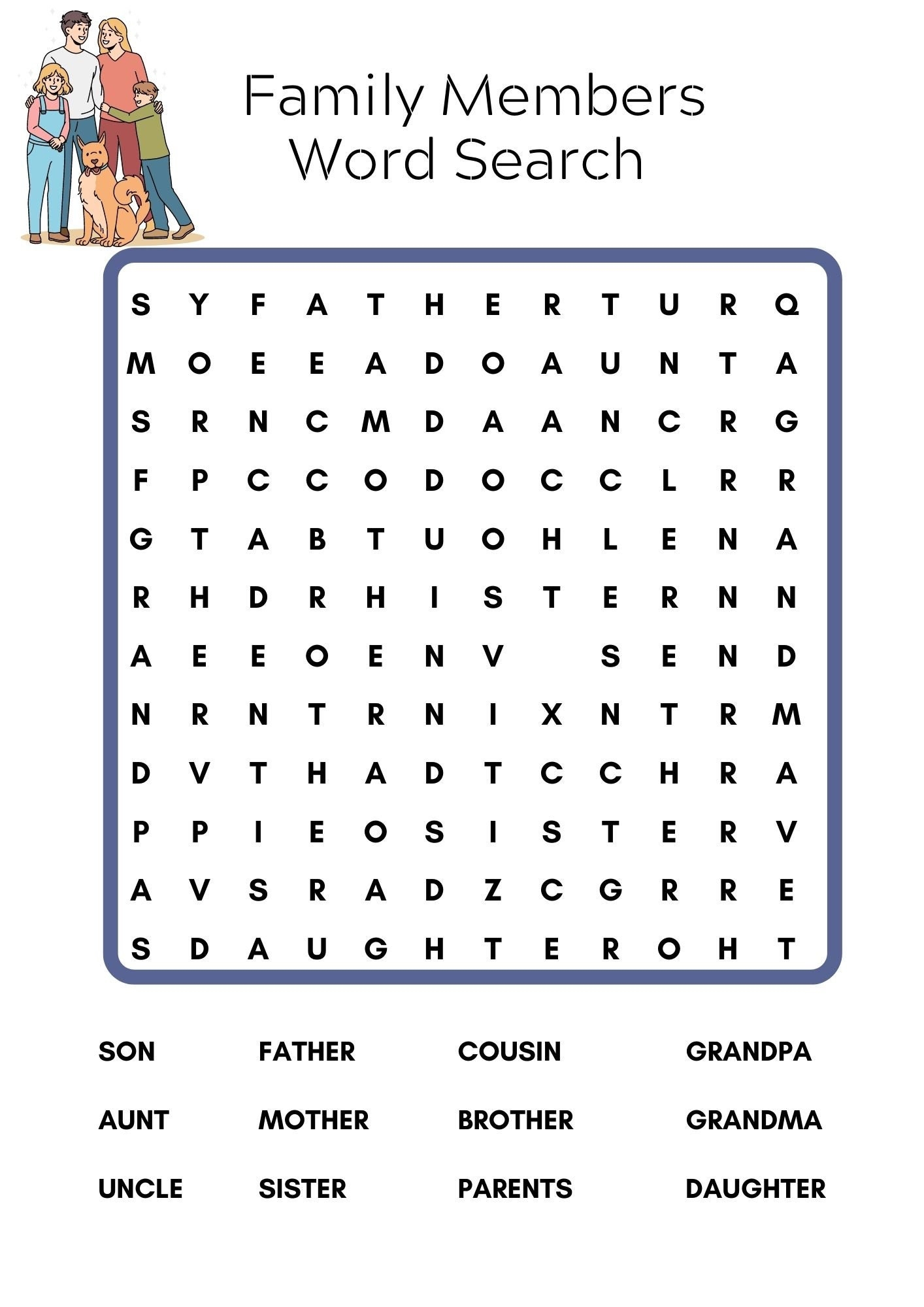 Family Members Word Search Printable Word Search Family Game Night Games Search Reunion Party