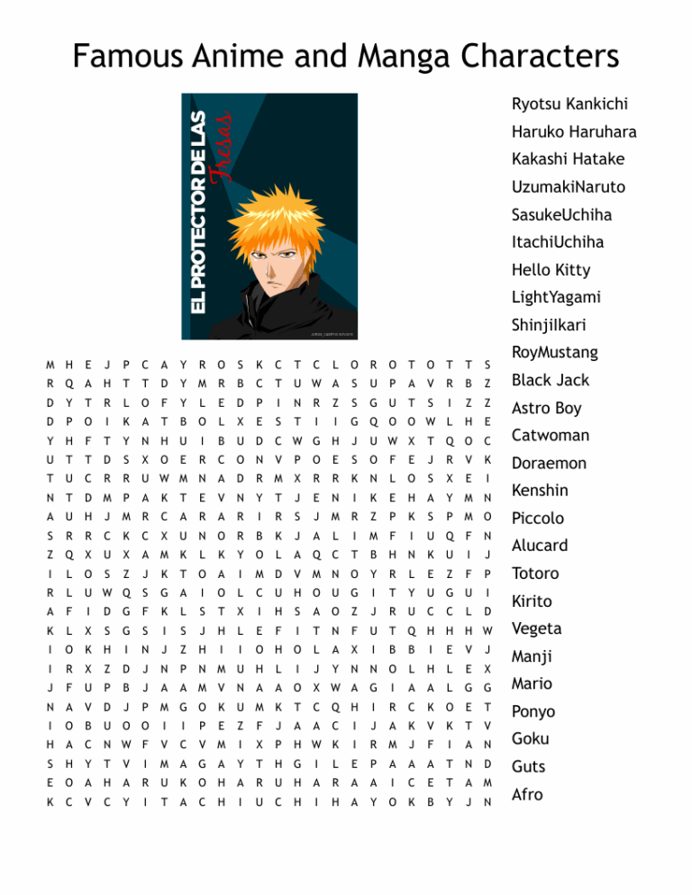 Famous Anime And Manga Characters Word Search WordMint