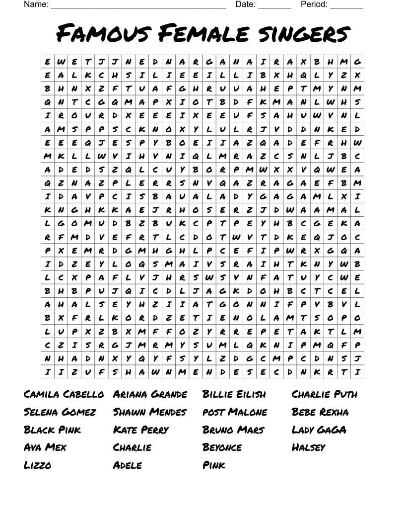 Famous Singer Word Search Printable Hard