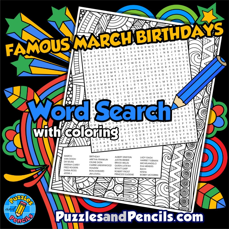 Famous March Birthdays Word Search Puzzle With Coloring Wordsearch Made By Teachers