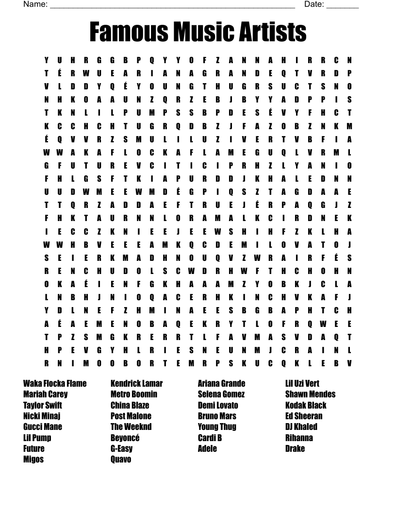 Famous Music Artists Word Search WordMint