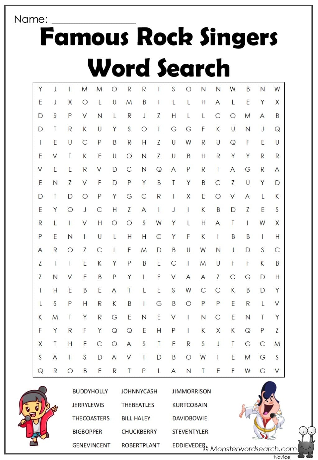 Famous Rock Singers Word Search Monster Word Search
