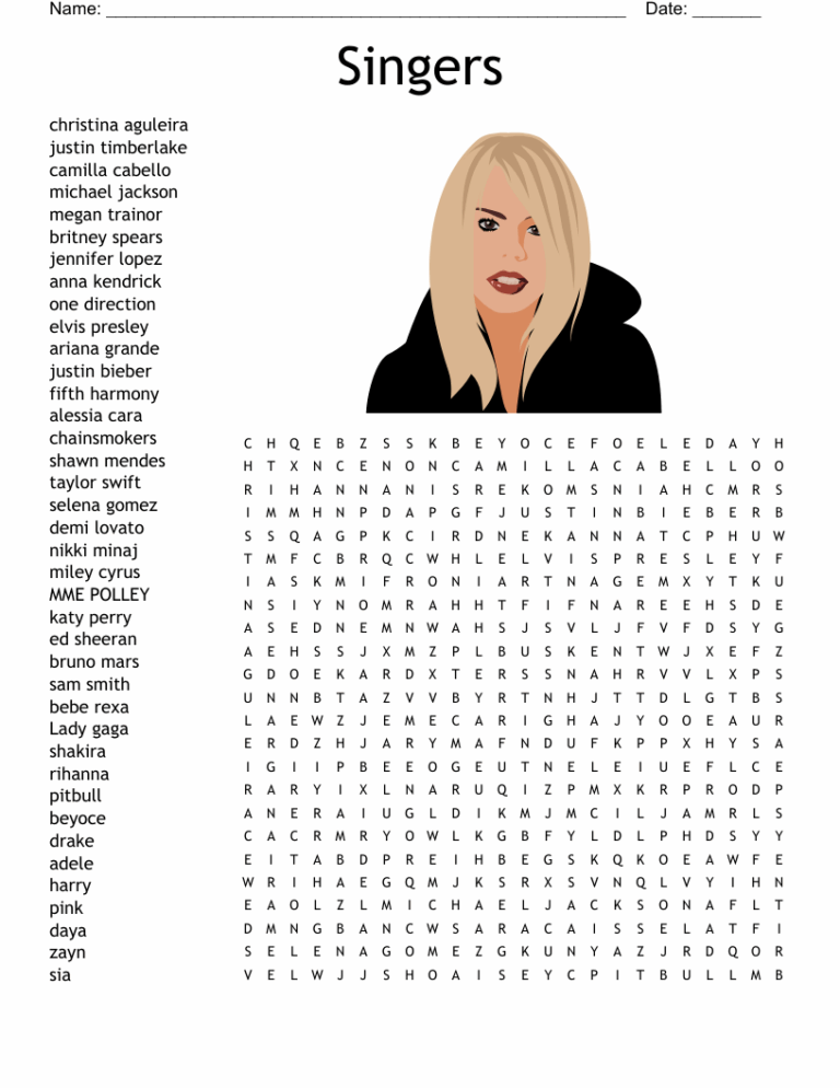 Famous Singers Word Search WordMint
