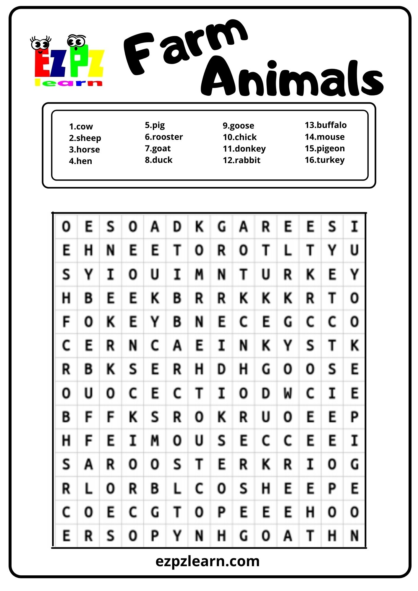 Farm Animals Word Search 1 Ezpzlearn Farm Animals Word Search 1 Ezpzlearn
