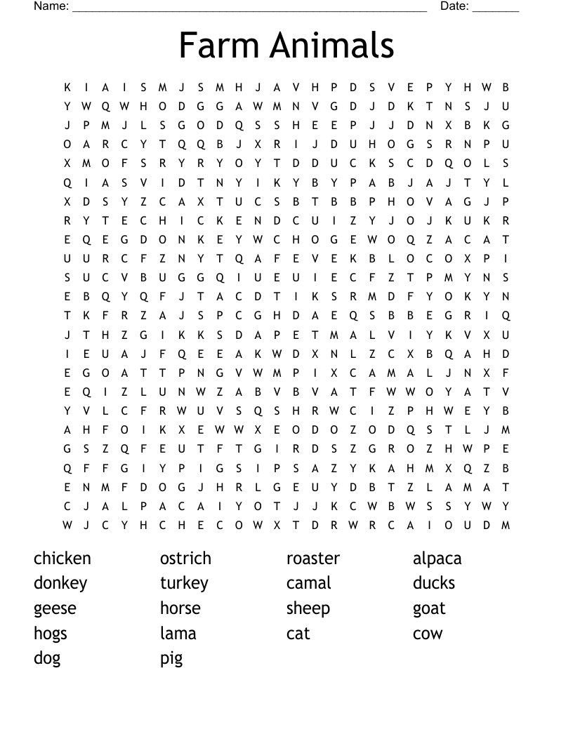 FARM ANIMALS Word Search WordMint