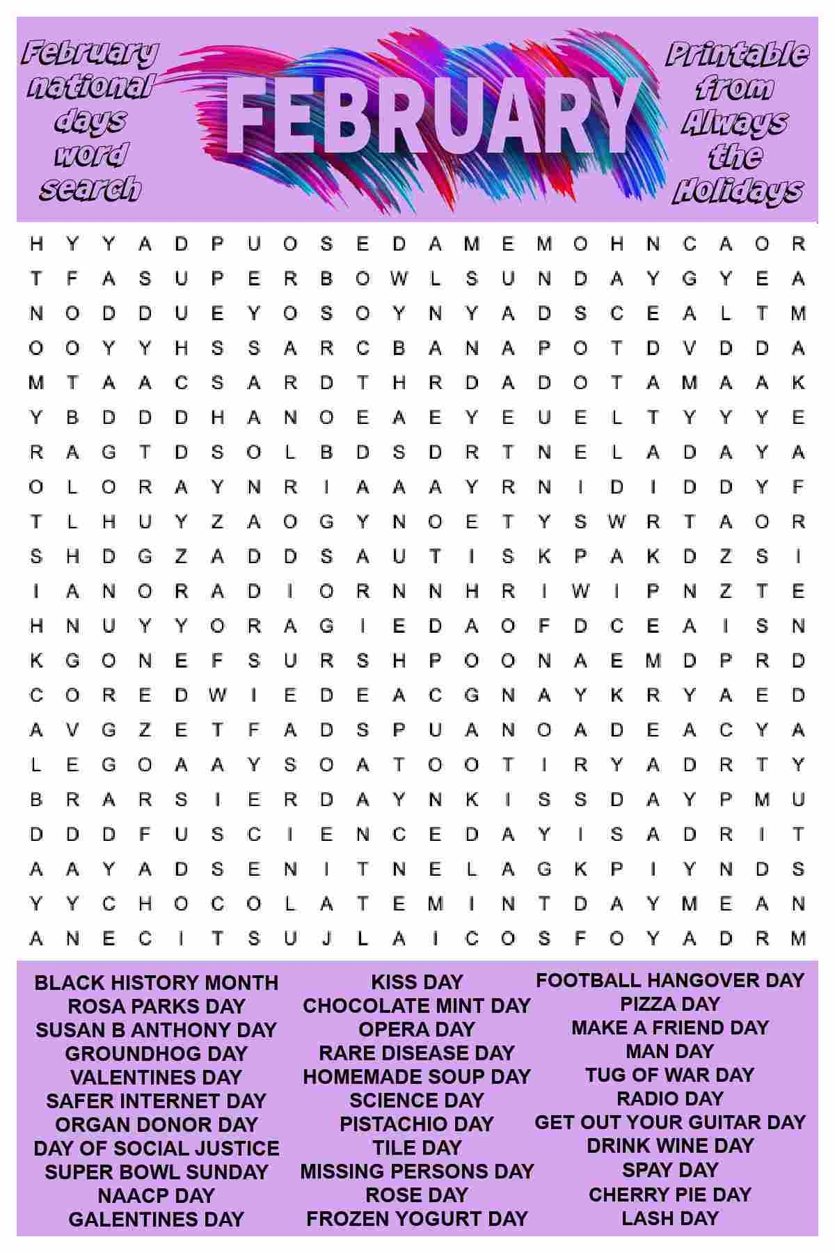 February Word Search Printable National Days Word Find Puzzle