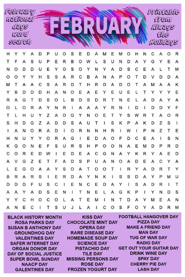 February Word Search Printable National Days Word Find Puzzle