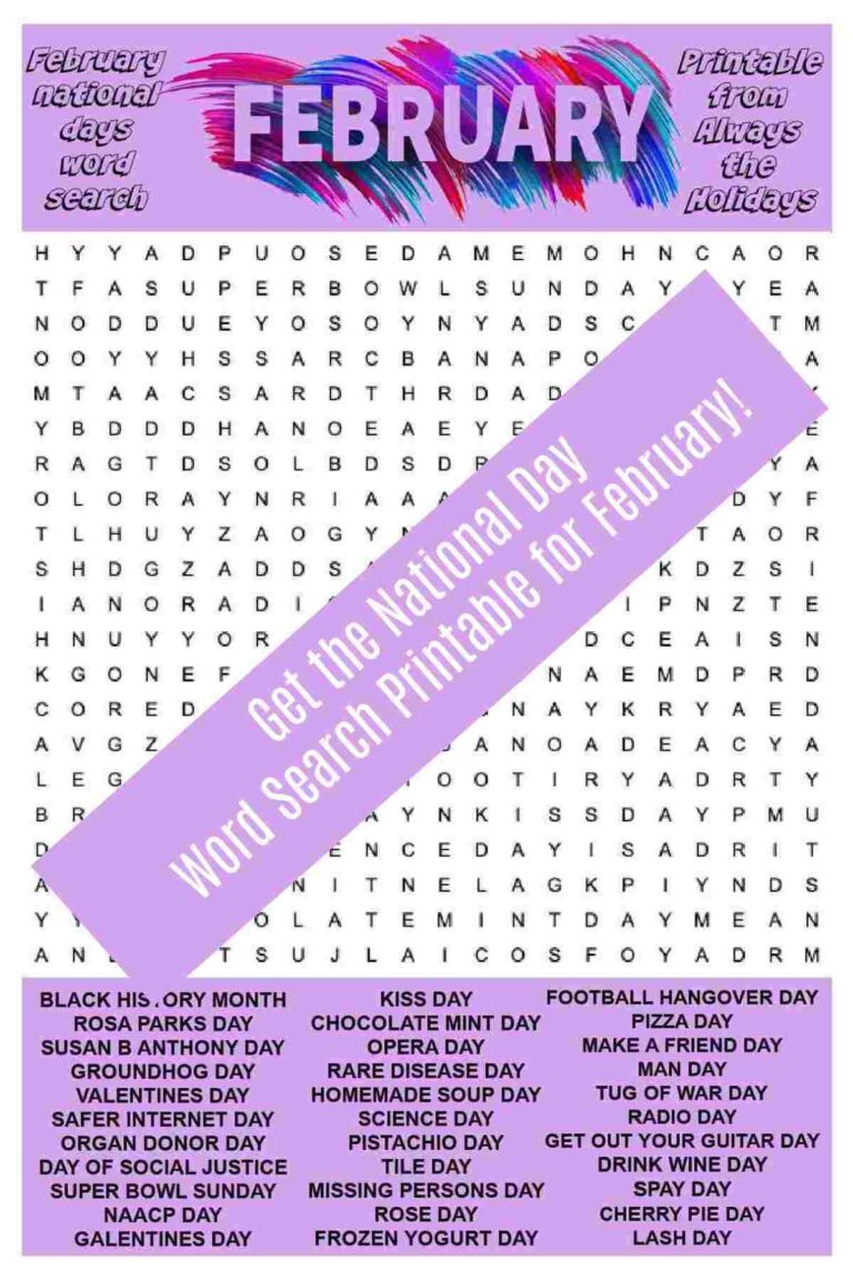 February Word Search Printable National Days Word Find Puzzle