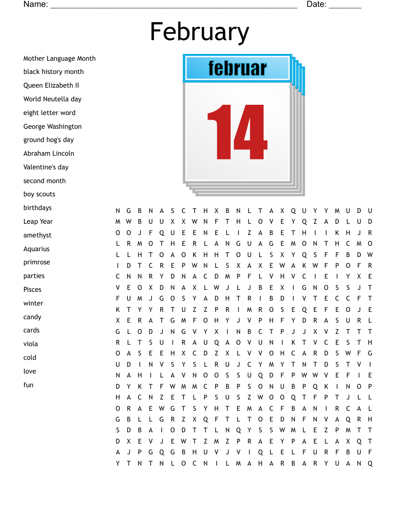 February Word Search Puzzle Printable Vpk