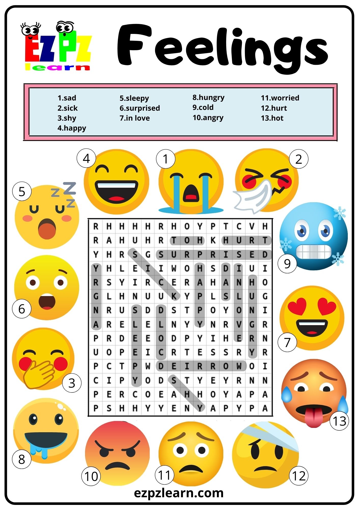 Feelings Word Search 2 Ezpzlearn