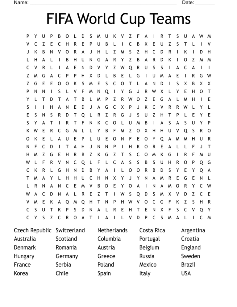 FIFA World Cup Teams Word Search WordMint