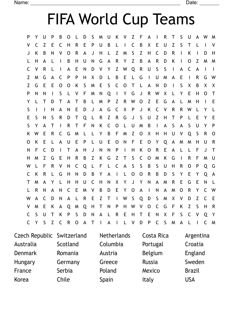 FIFA World Cup Teams Word Search WordMint