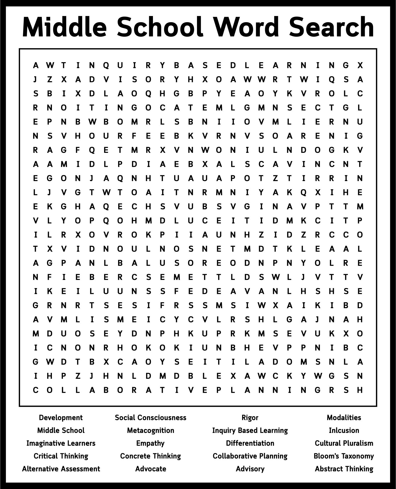 Printable Word Search Middle School