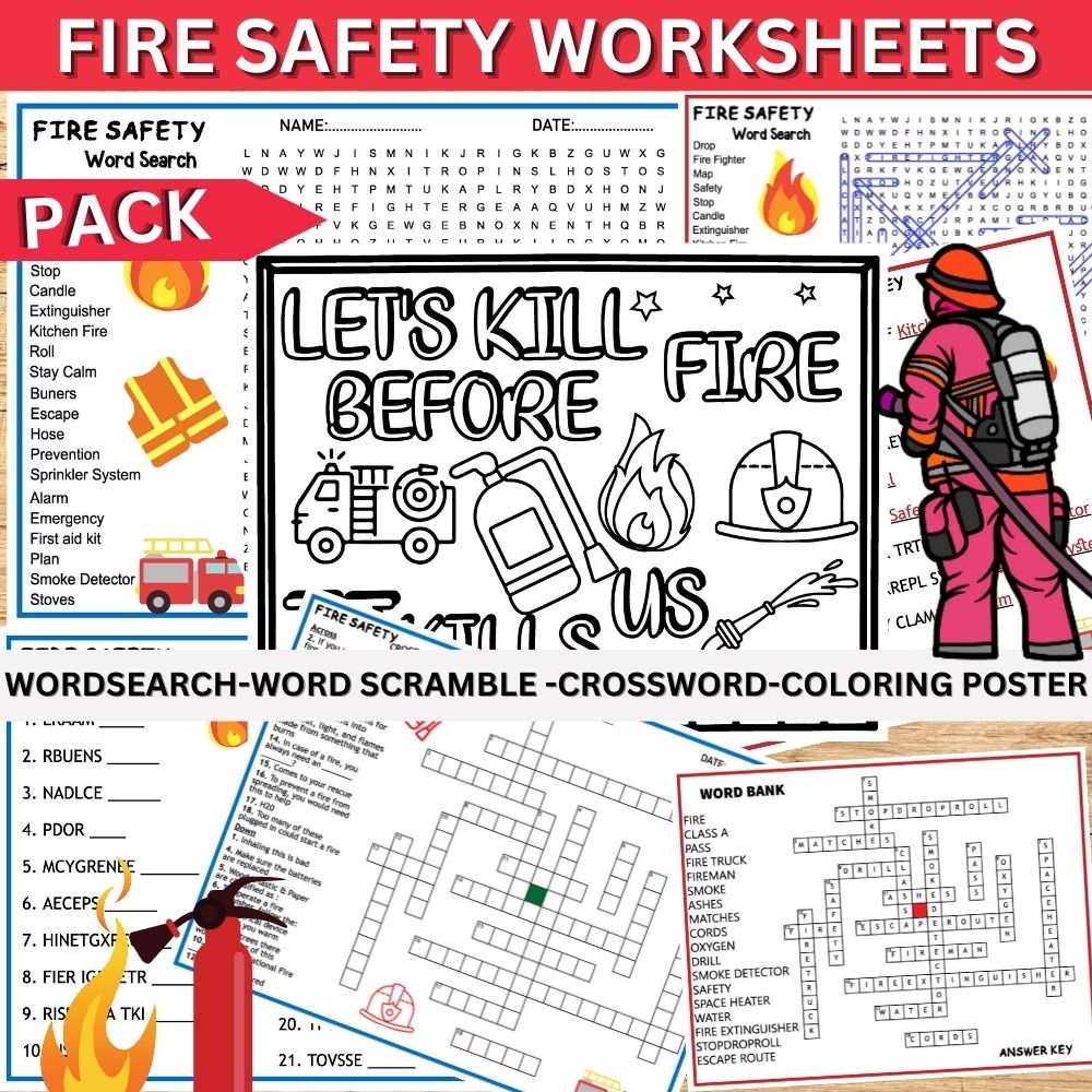 Fire Safety Worksheets Quiz Coloring Poster Wordsearch October 