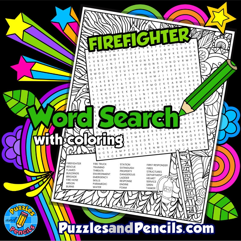 Firefighter Word Search Puzzle Activity Page With Coloring 
