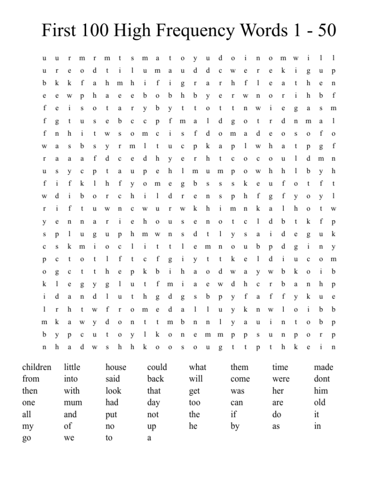 First 100 High Frequency Words 1 50 Word Search WordMint