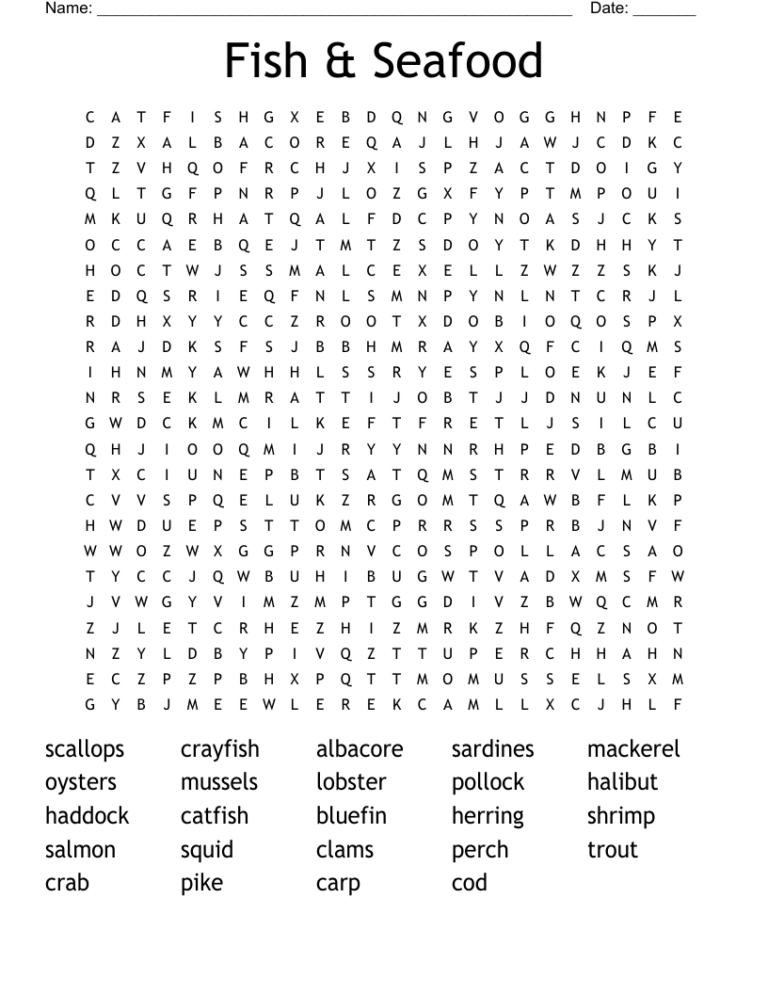 Fish U0026 Seafood Word Search WordMint