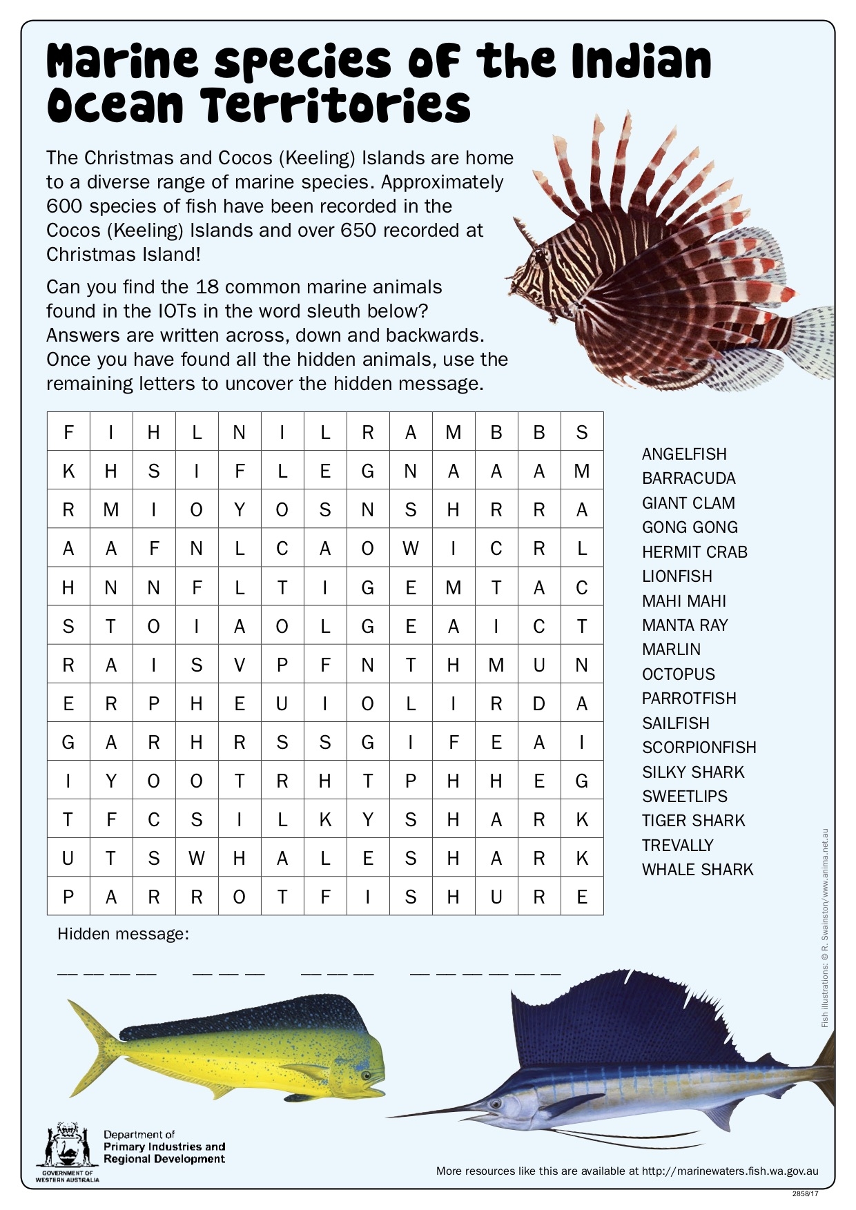 Fishy Fun Sheet Marine Species Of IOTs Word Search Department 