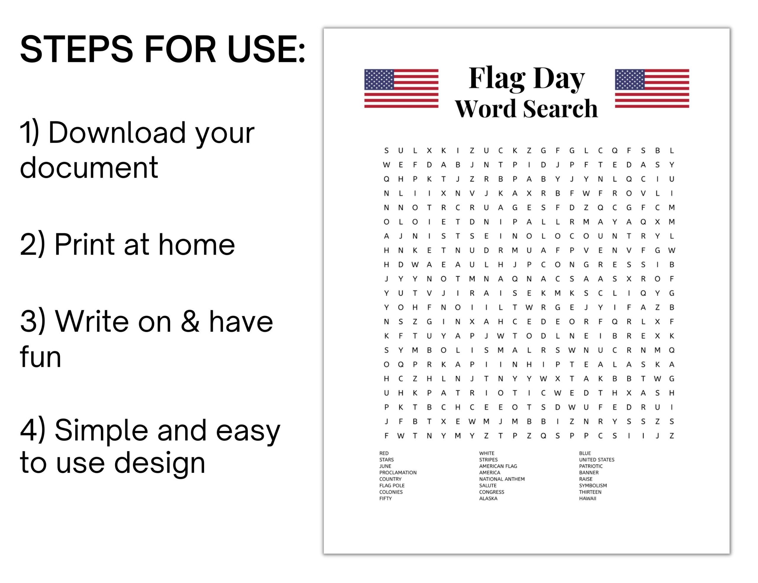 Flag Day Word Search Flag Day Printable Flag Day Activities Word Search Printable Patriotic Games Etsy