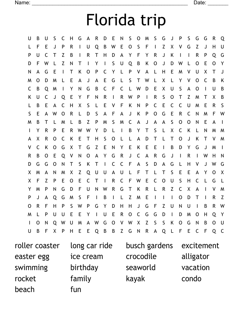 Florida Trip Word Search WordMint