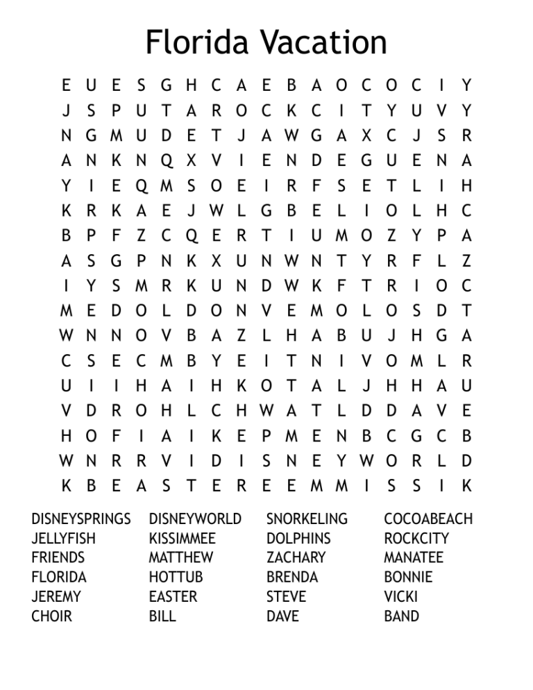 Florida Vacation Word Search WordMint