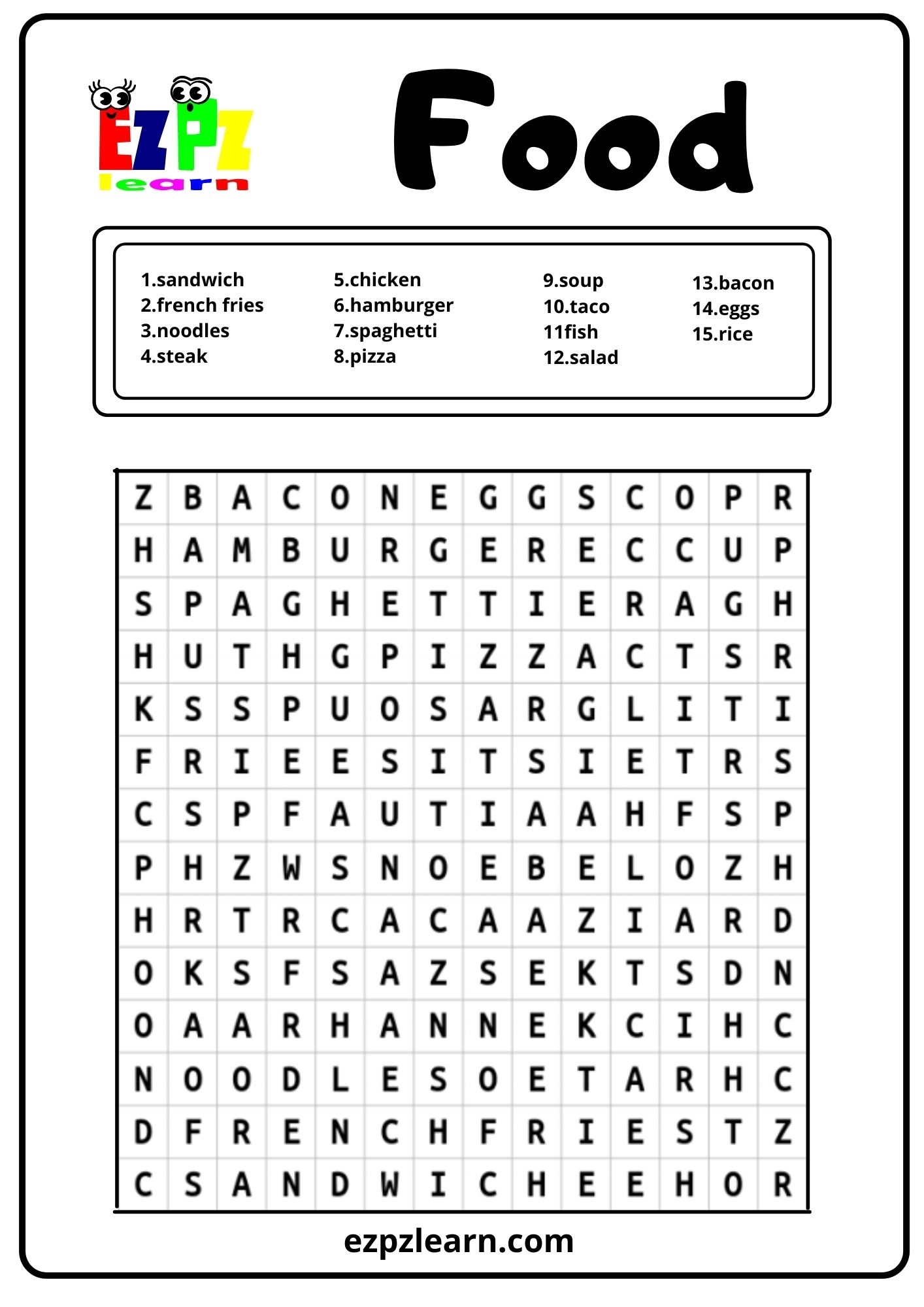 Printable Word Search Food