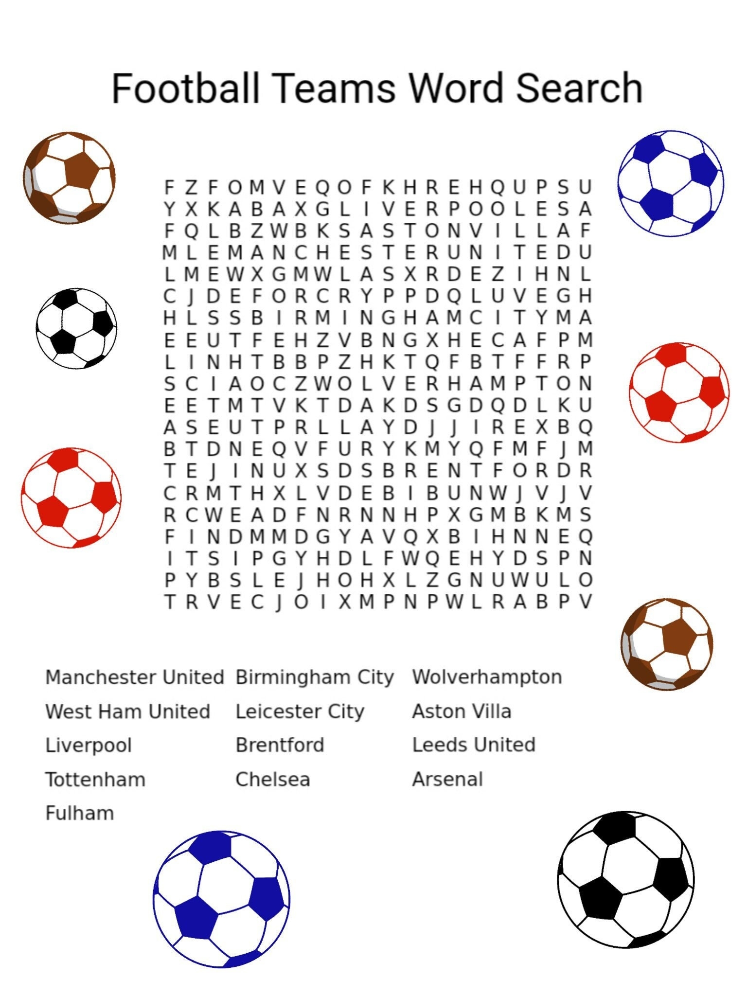 Football Teams Wordsearch Instant Printable Digital Download Etsy UK