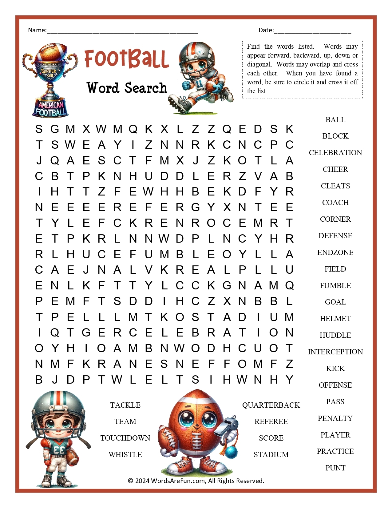 Football Word Search For Kids Football Word Search For Kids