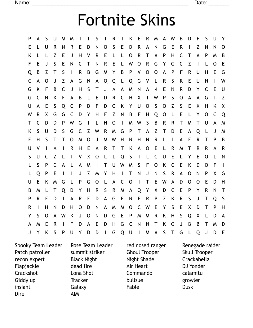 Fortnite Skins Word Search WordMint