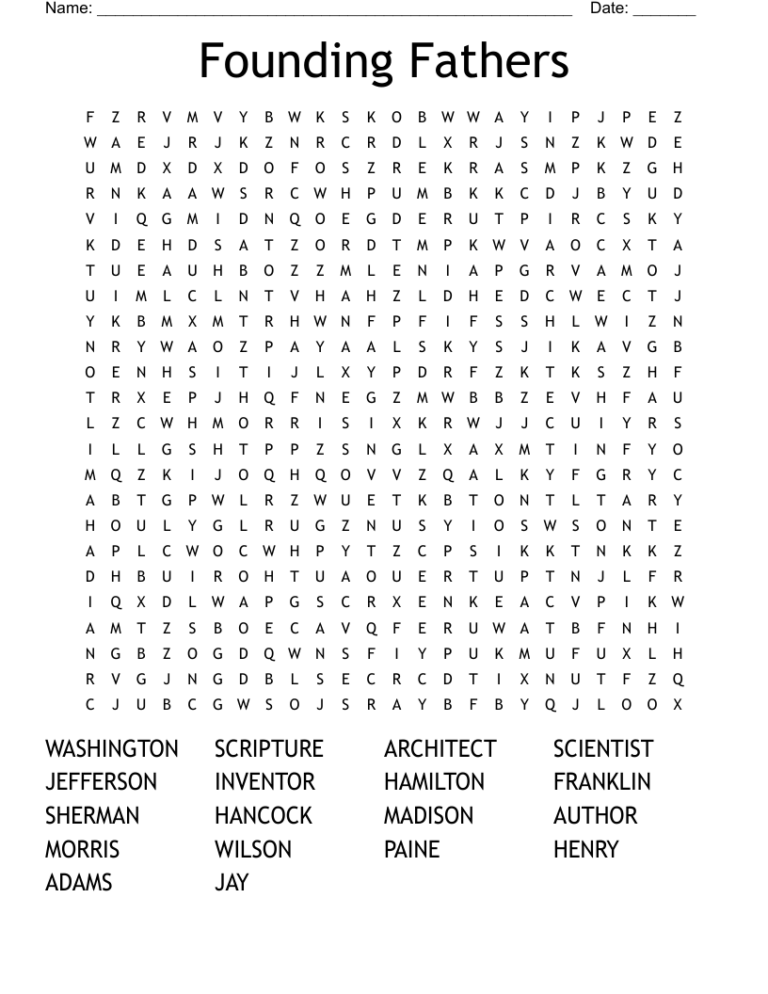 Founding Fathers Word Search WordMint