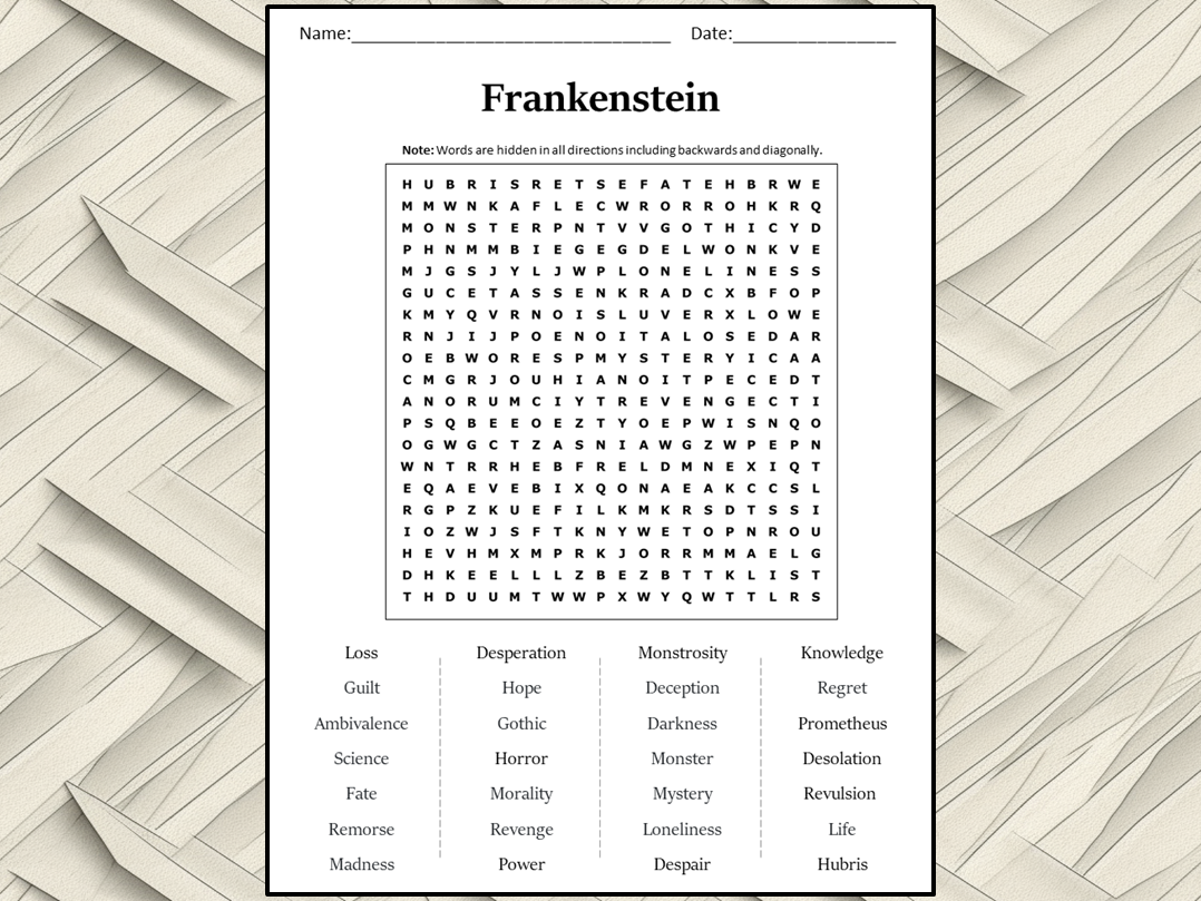 Free Printable Frankenstein Word Search