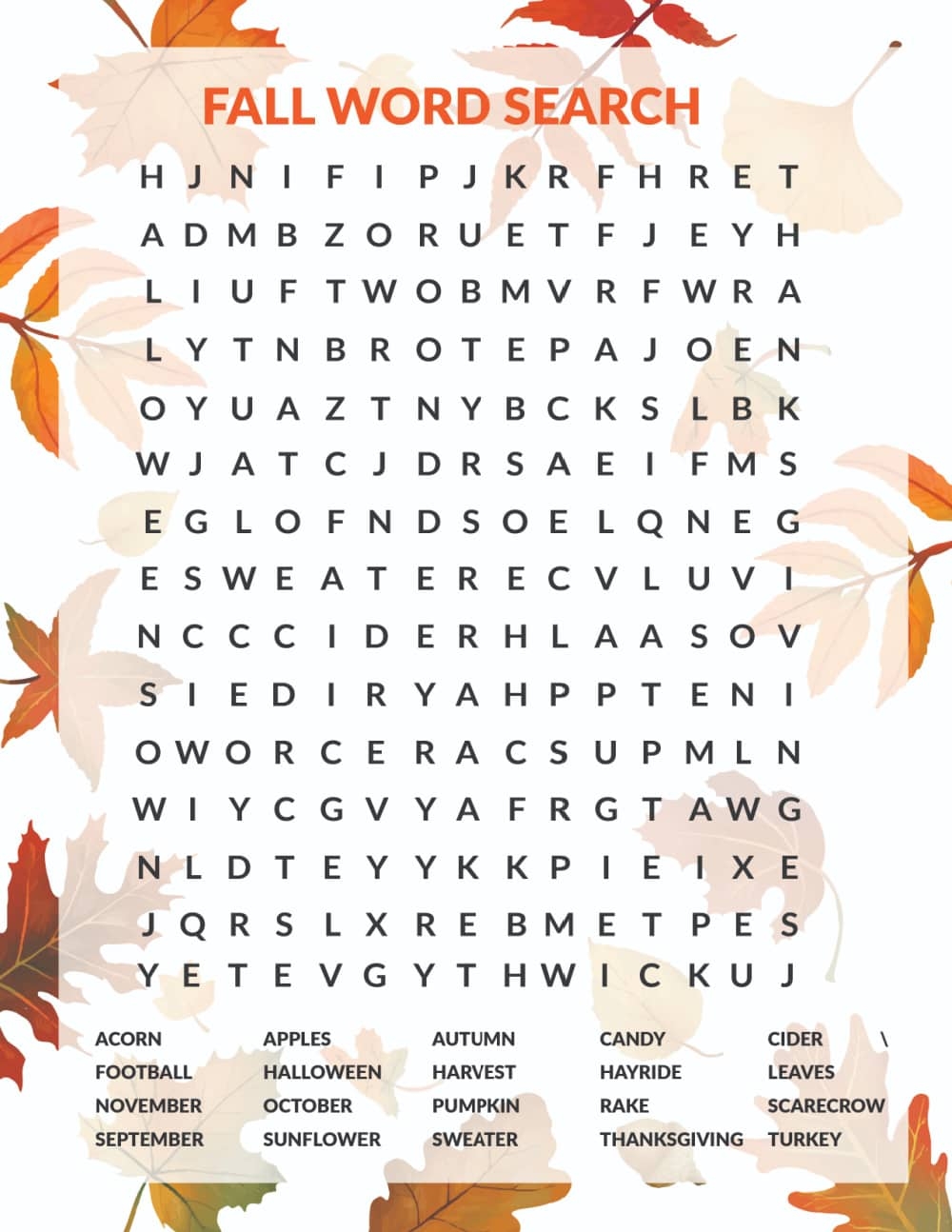 Difficult Fall Word Search Printable