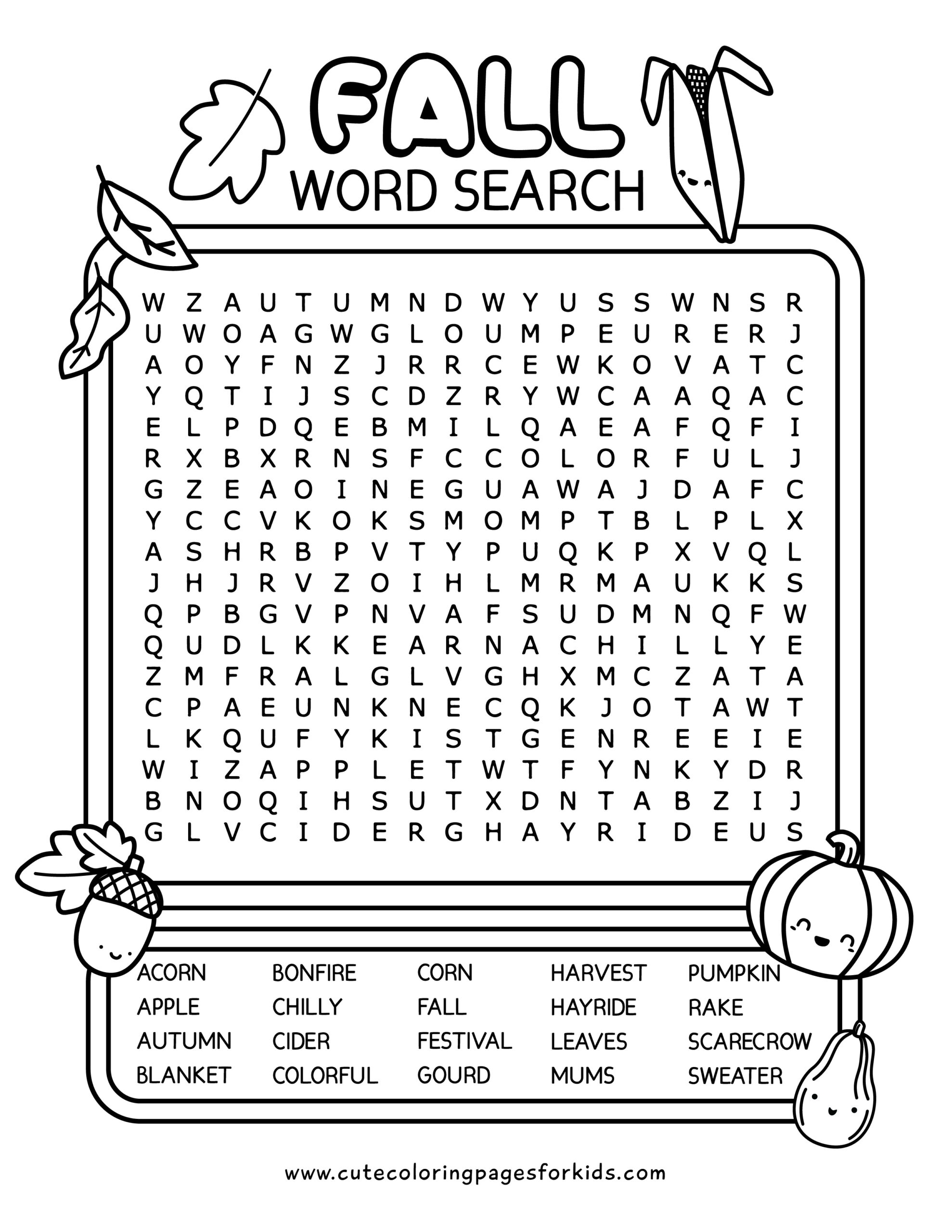 Free Fall Word Search Printables For Kids Cute Coloring Pages Worksheets Library