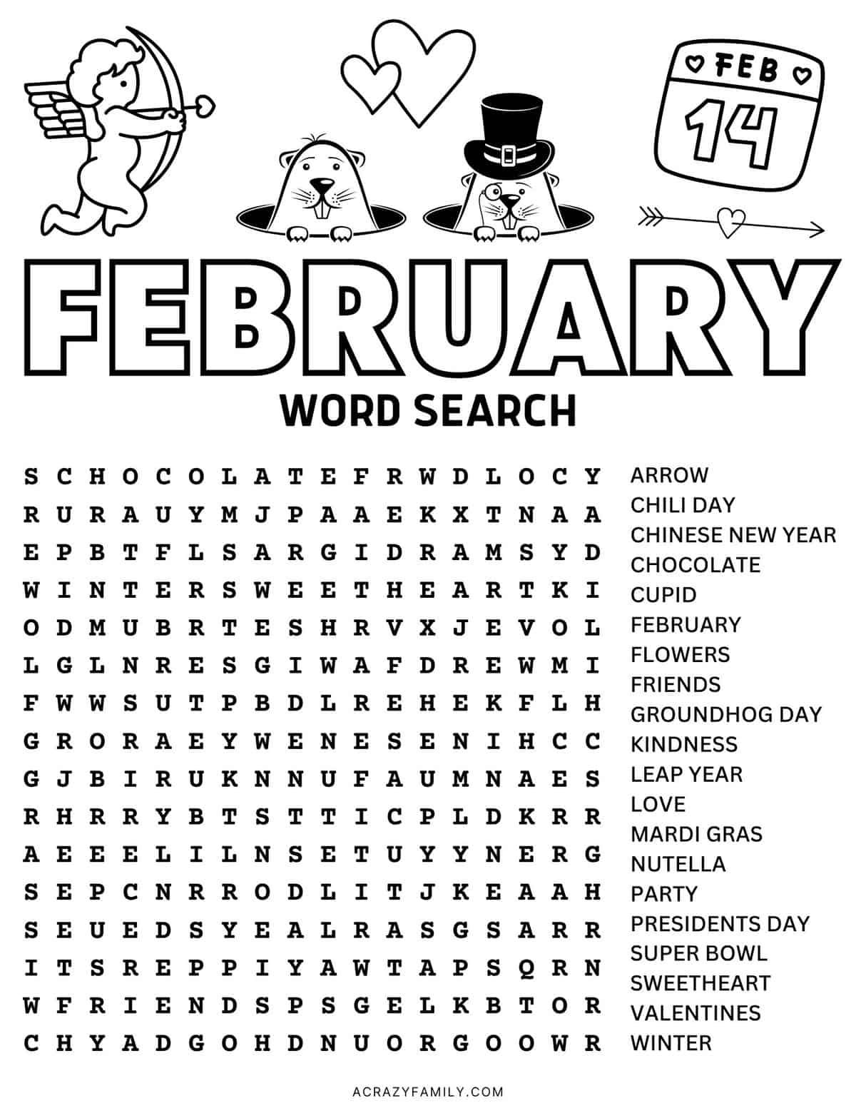 Free February Word Search Printable