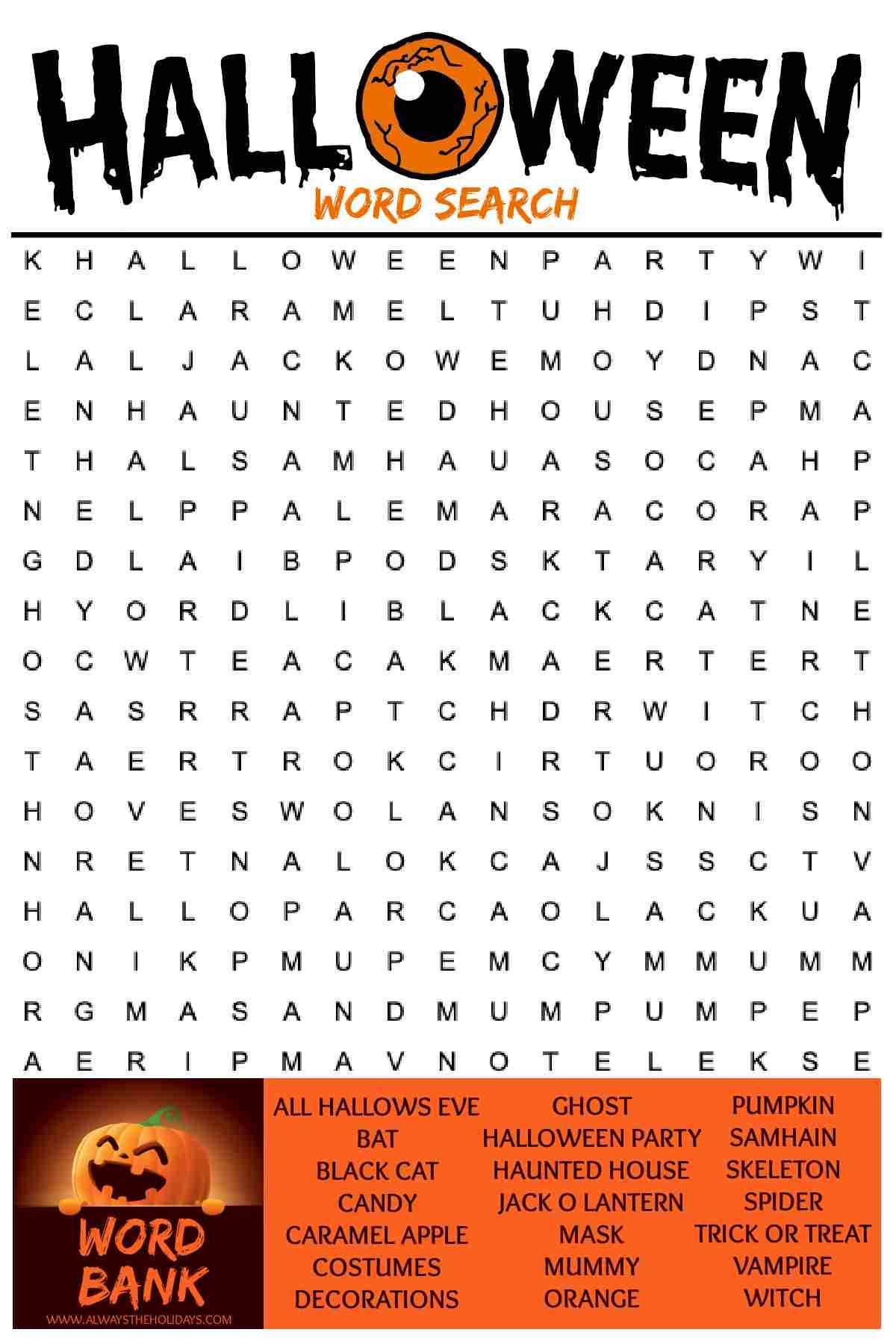 Free Halloween Word Search Printable With Answer Key Included