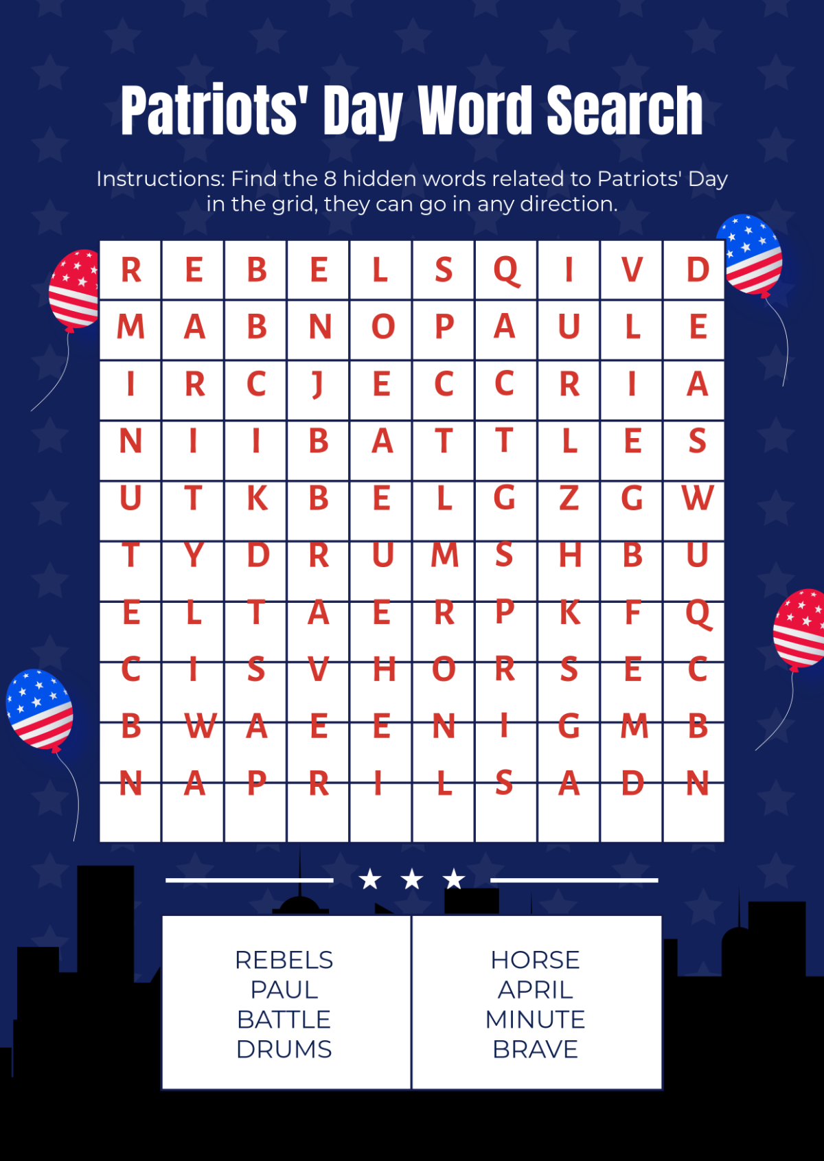 Free Patriots Day Word Search Template To Edit Online