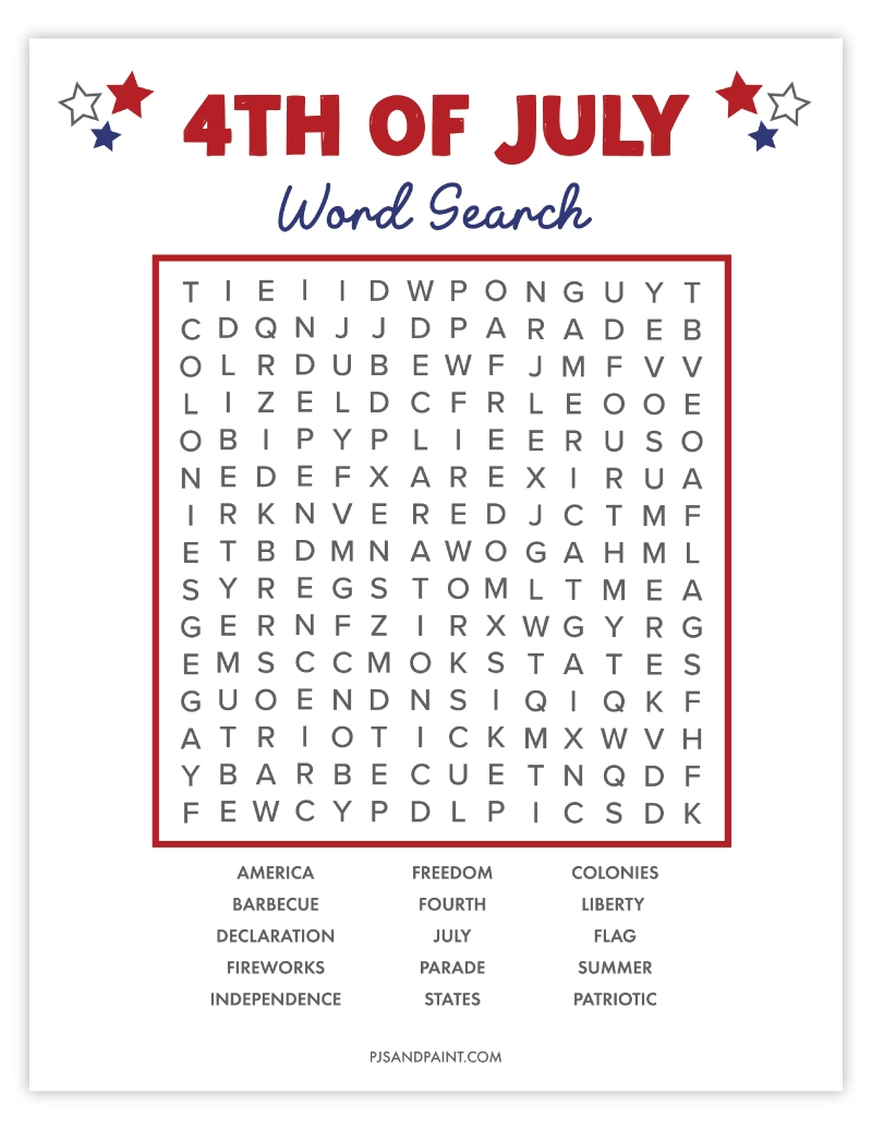 Free Printable 4th Of July Word Search Pjs And Paint