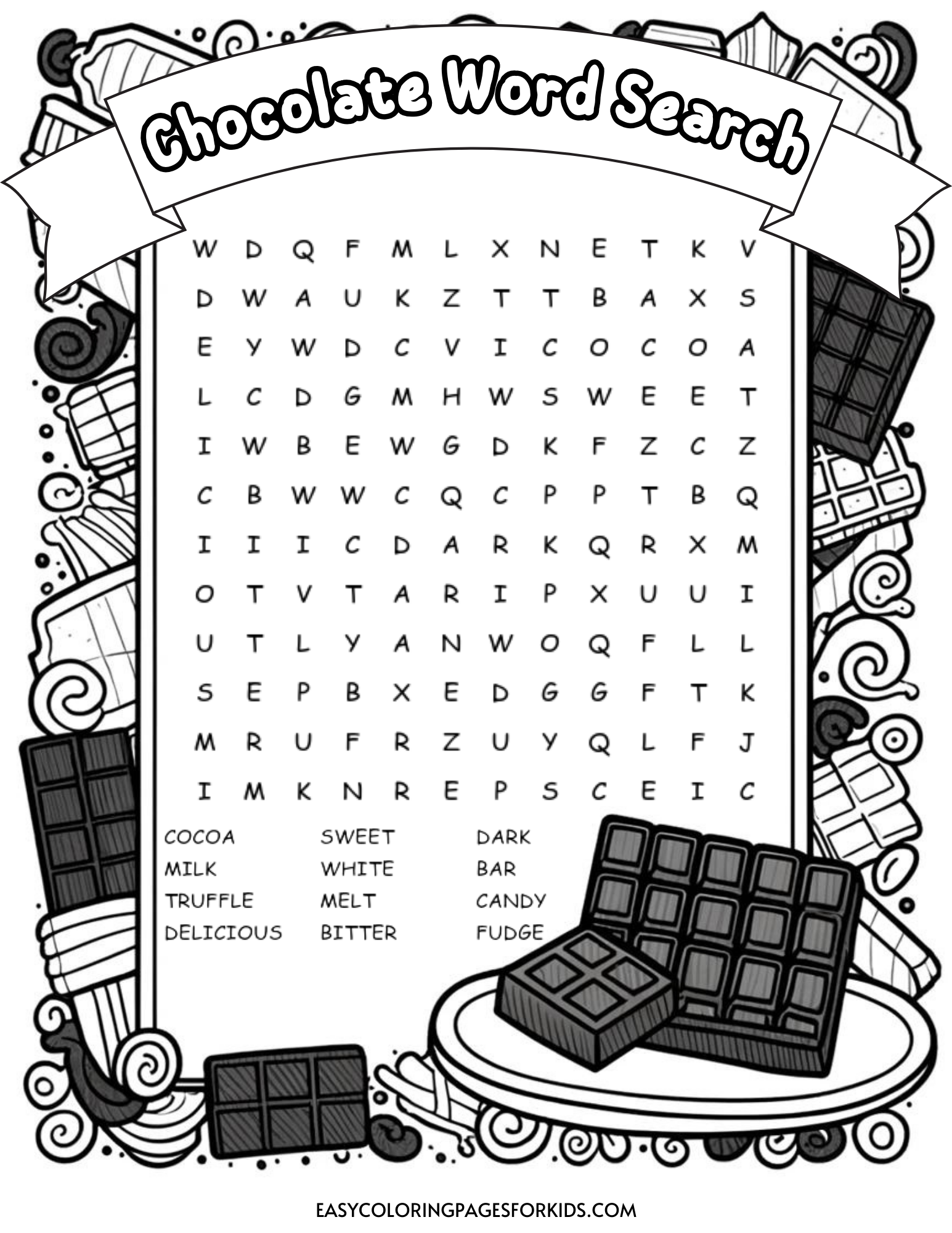 Free Printable Chocolate Word Search For Kids Easy Coloring 