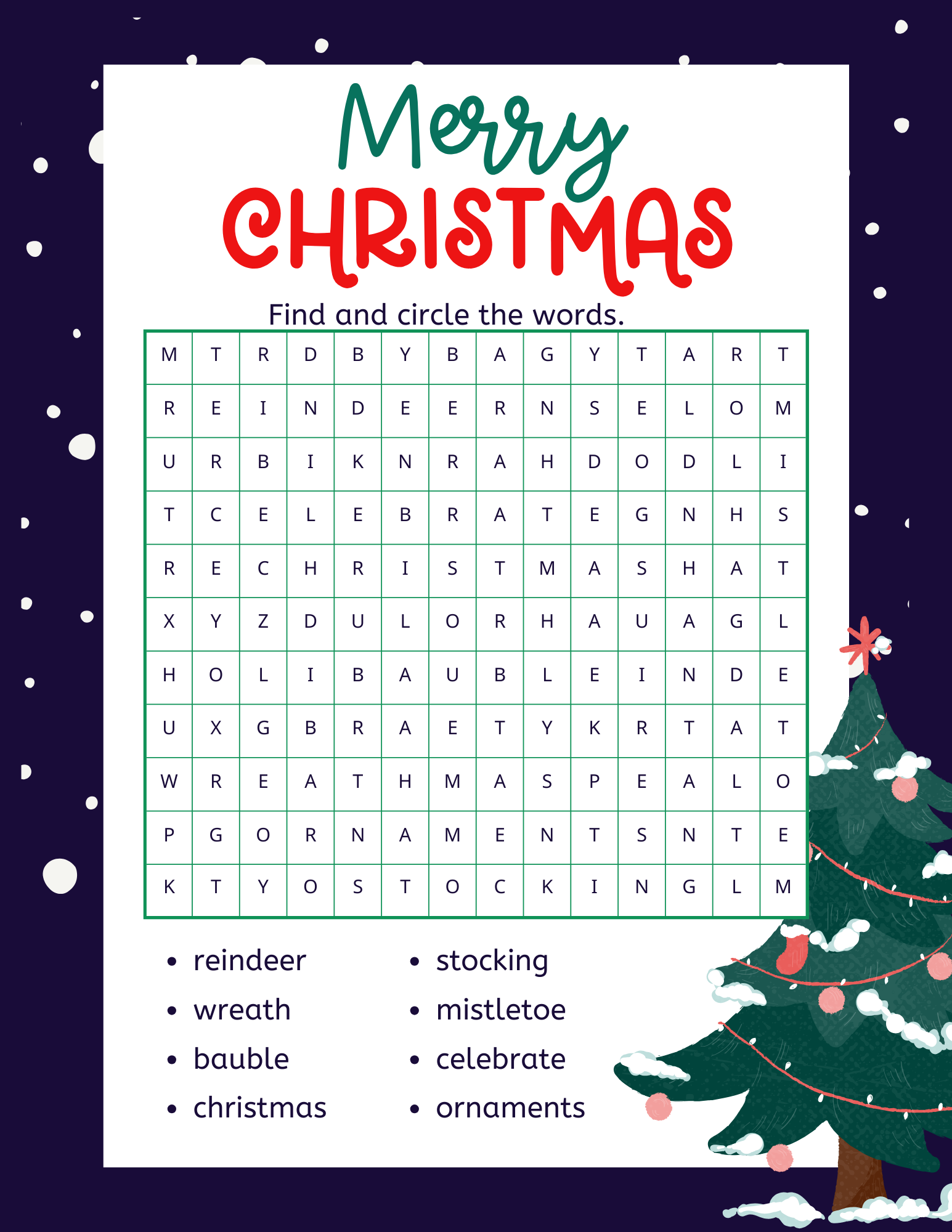 Christmas Word Search 1st Grade Printable