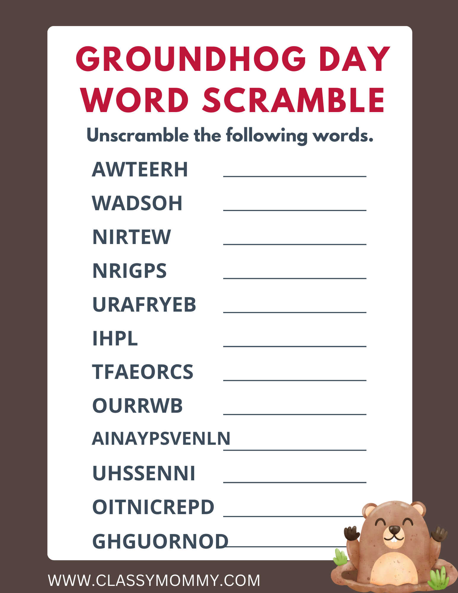 Free Printable Groundhog Word Search