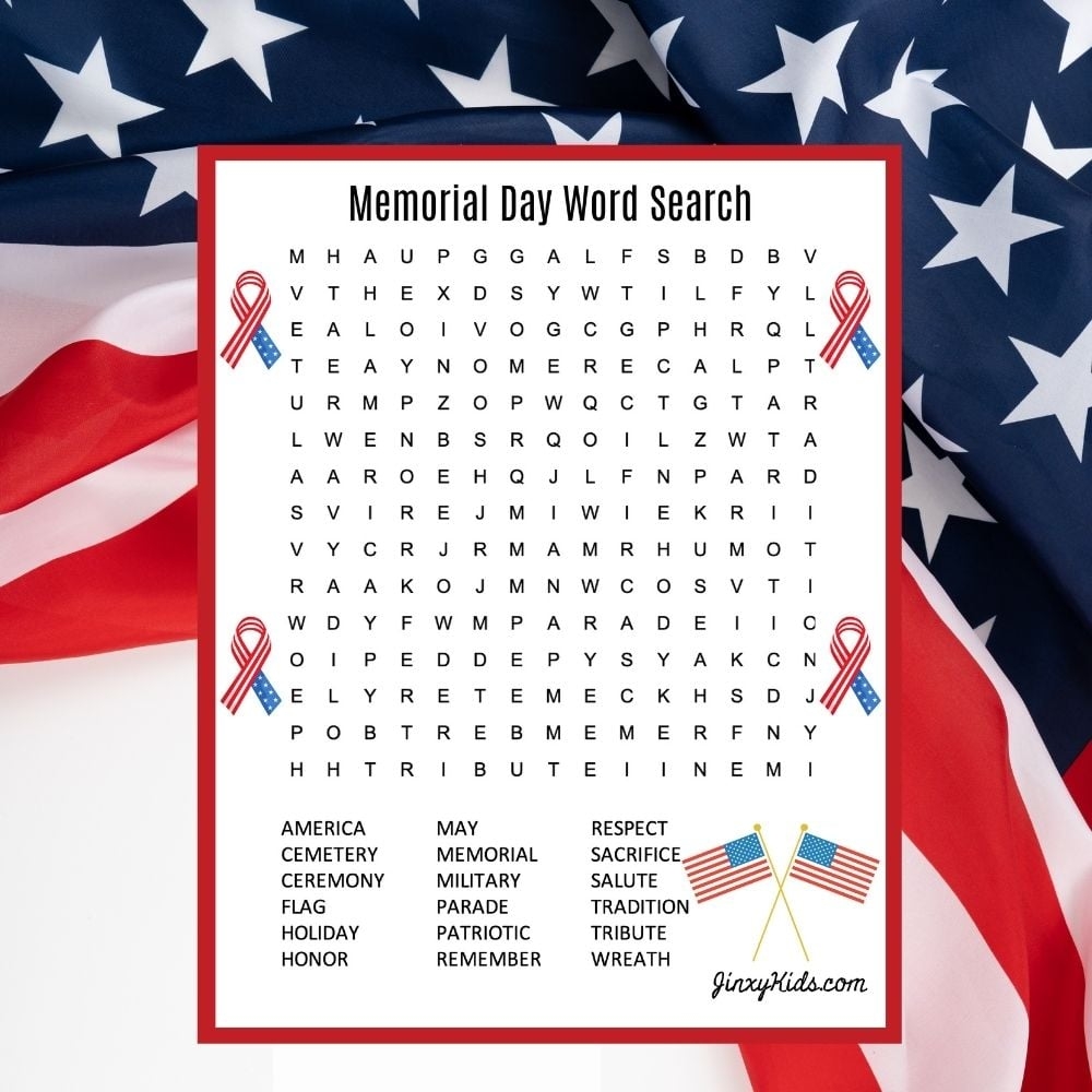 Free Printable Memorial Day Word Search Puzzle Jinxy Kids