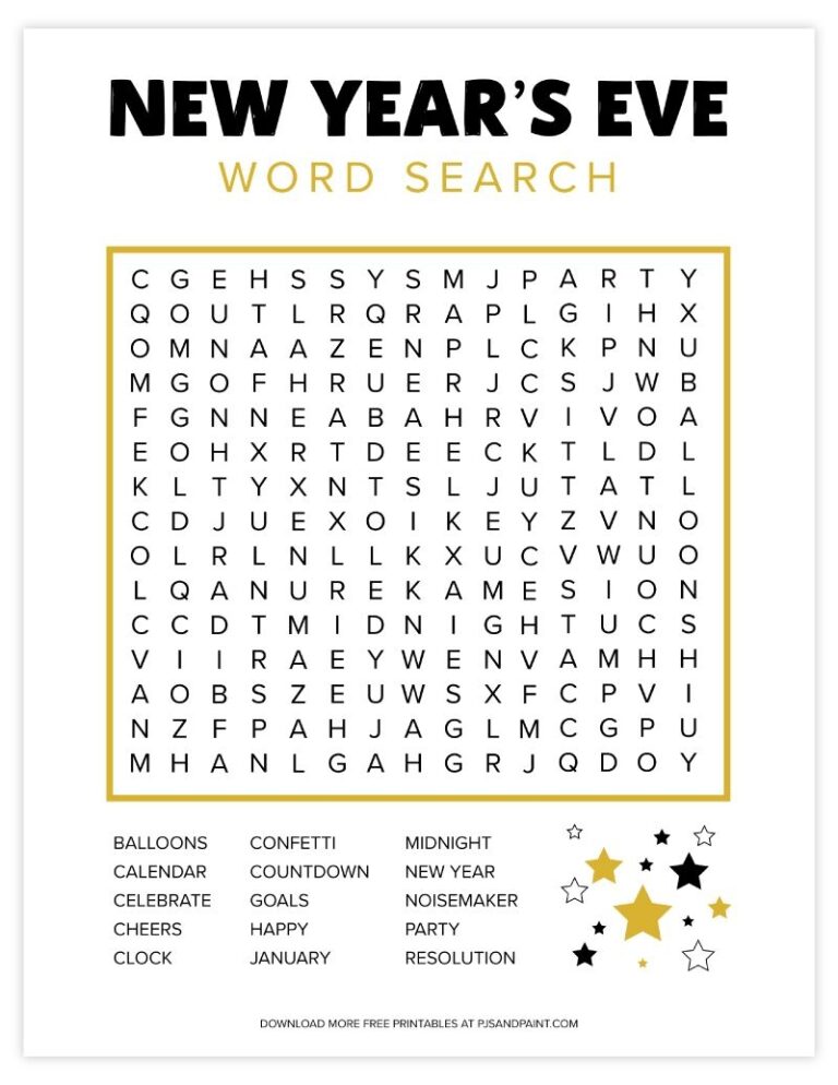 Free Printable New Year s Eve Word Search