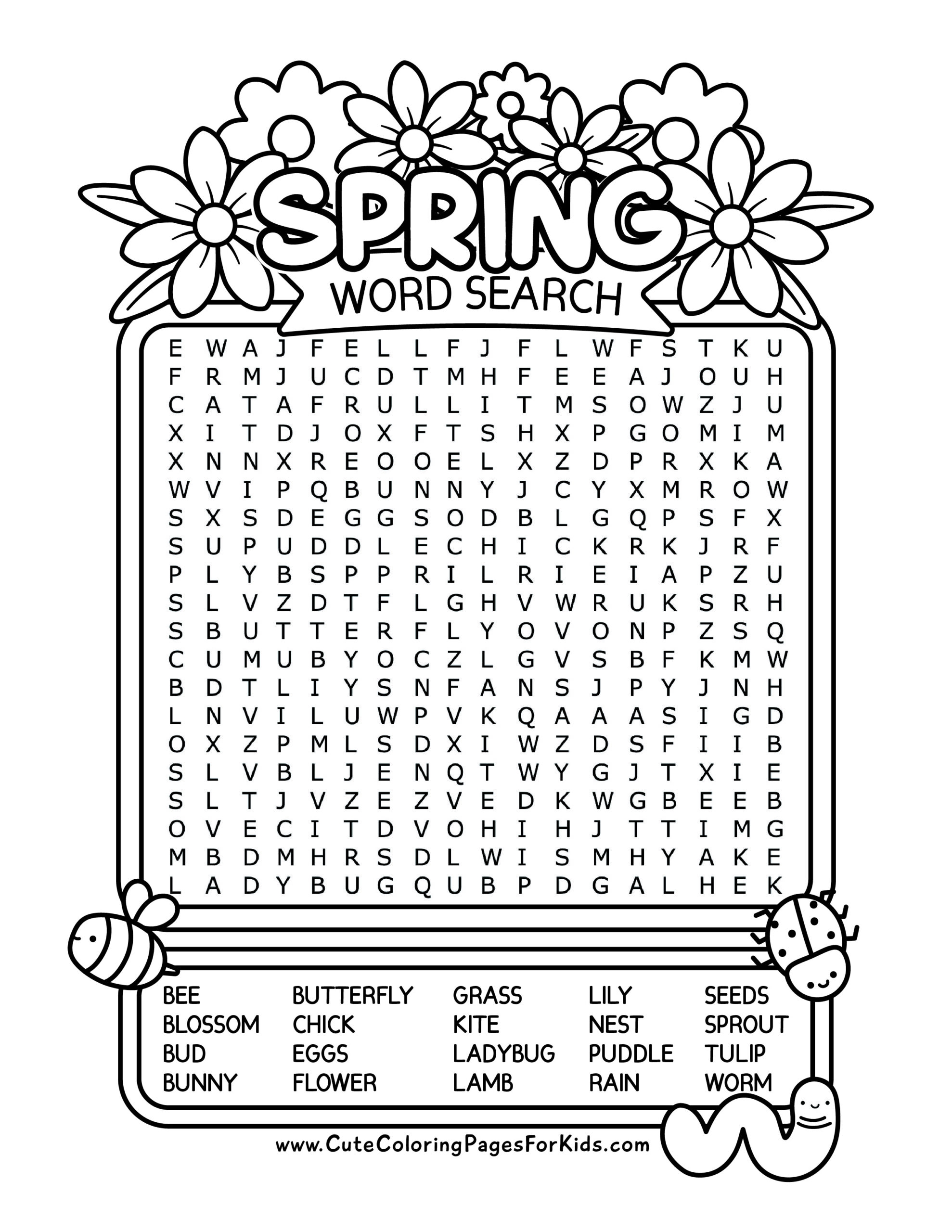 Free Printable Spring Word Search For Kids Cute Coloring Pages Worksheets Library