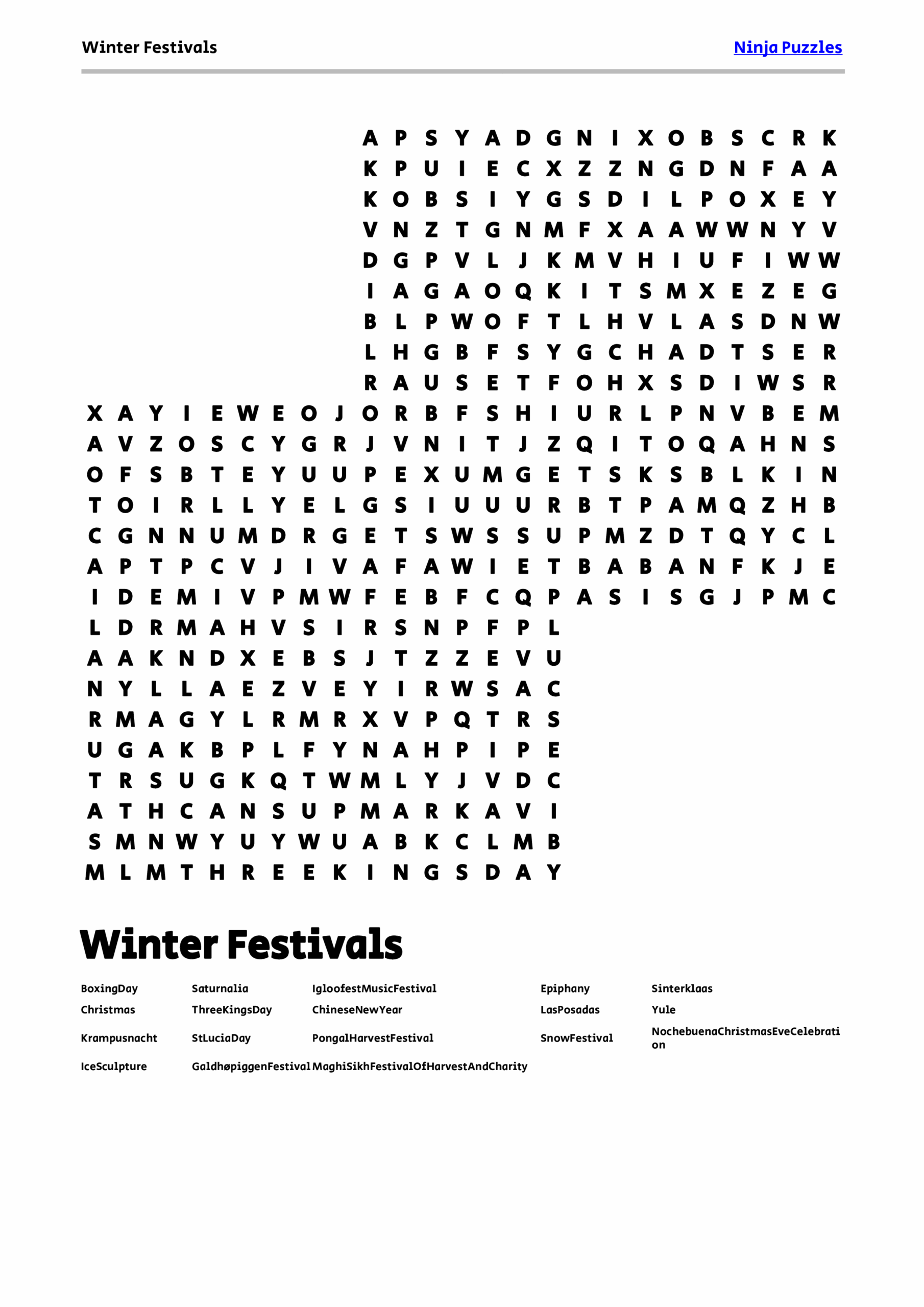 Free Printable Winter Festivals Themed Word Search Puzzle Free Printable PDF