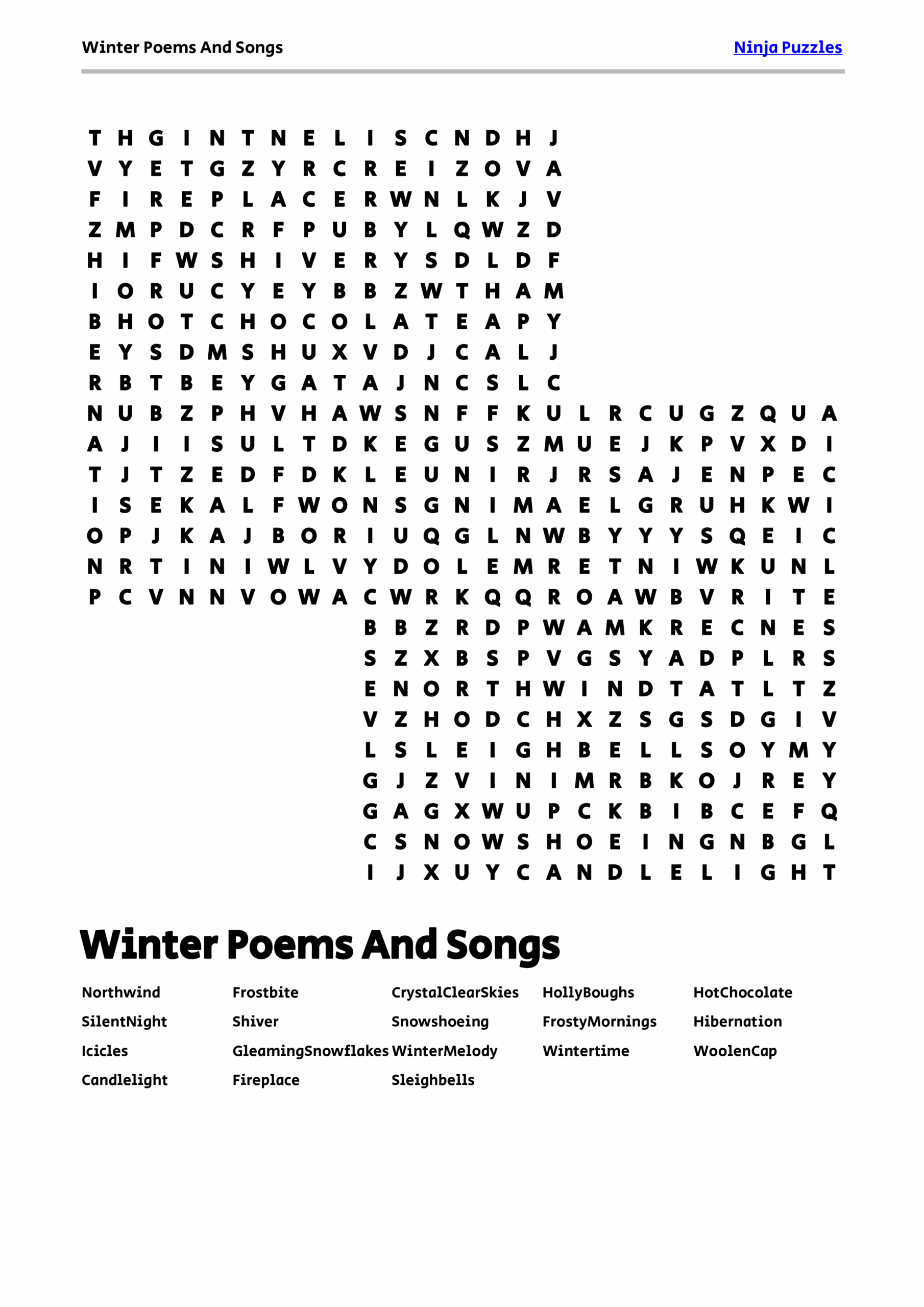 Free Printable Winter Poems And Songs Themed Word Search Puzzle Free Printable PDF