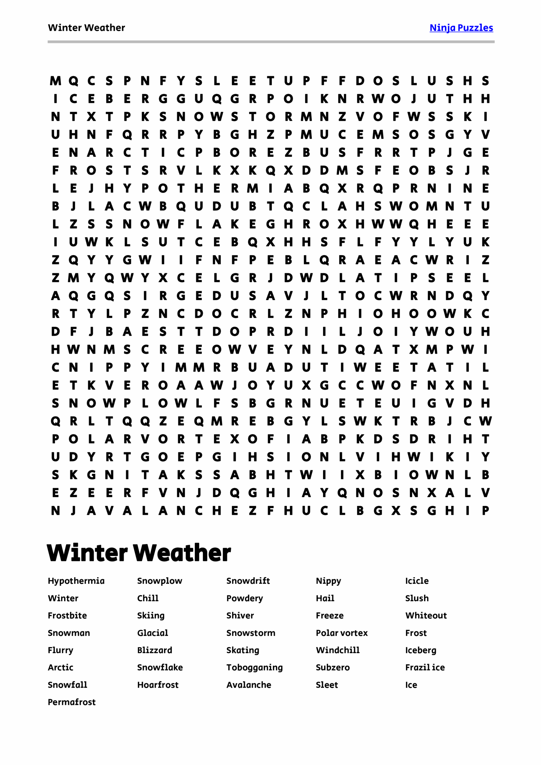 Free Printable Winter Weather Themed Word Search Puzzle Free Printable PDF
