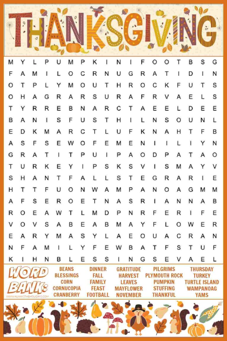 Free Thanksgiving Word Search Printable With Answers Included